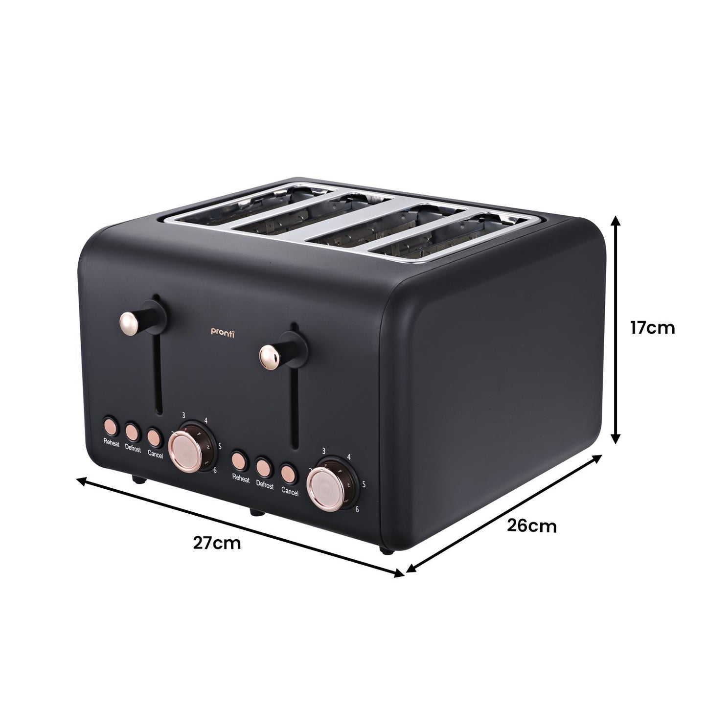 Black toaster with dimensions labeled on a white background