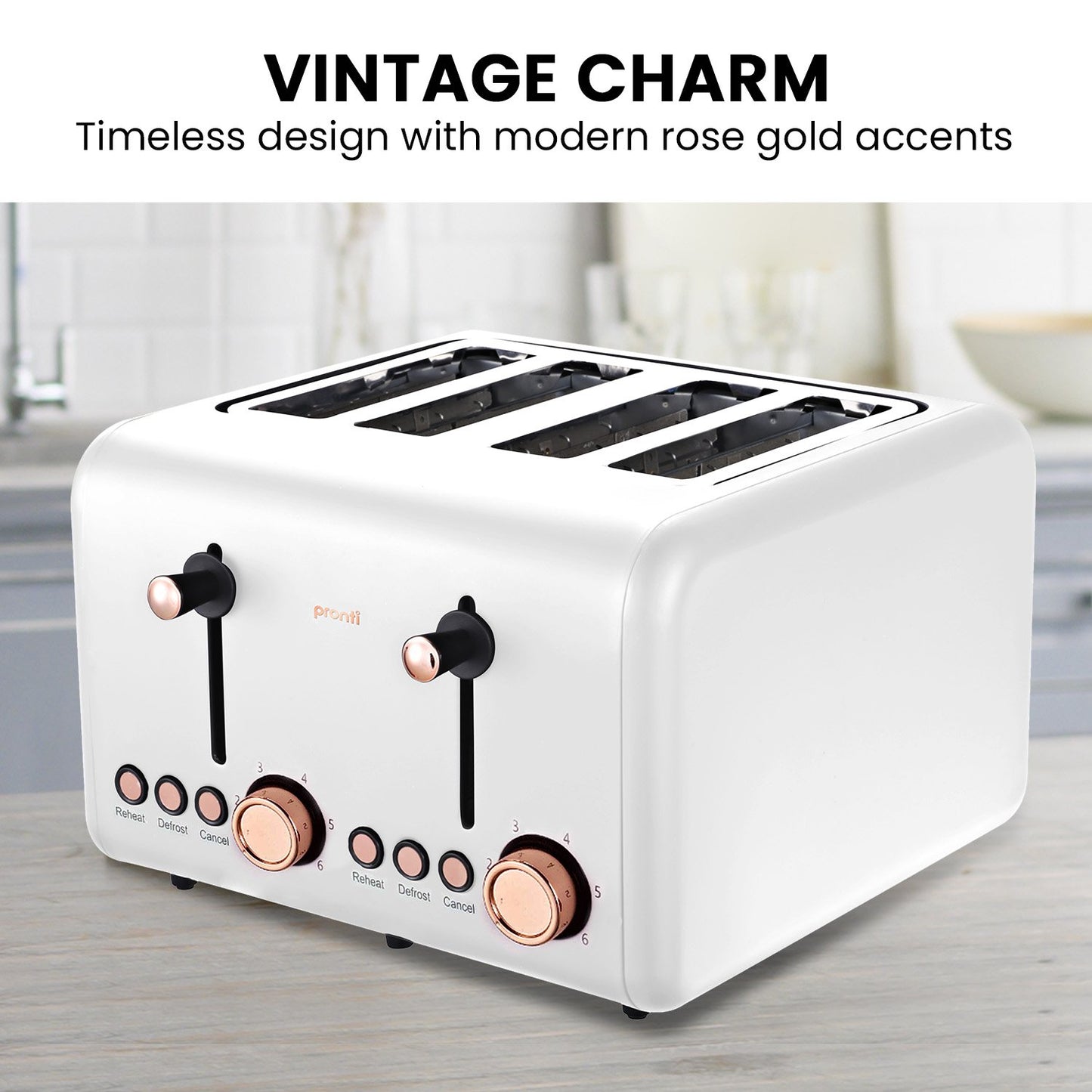 White toaster with rose gold accents on a wooden surface, labeled 'Vintage Charm'.