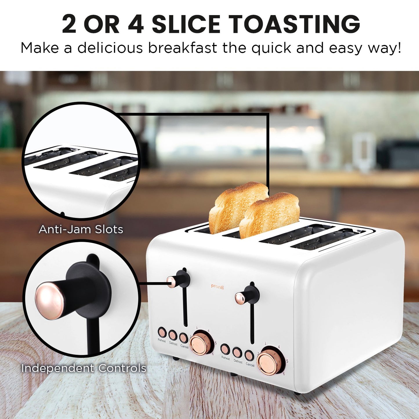 White toaster with rose gold accents on a wooden surface, featuring text about toast options and features.