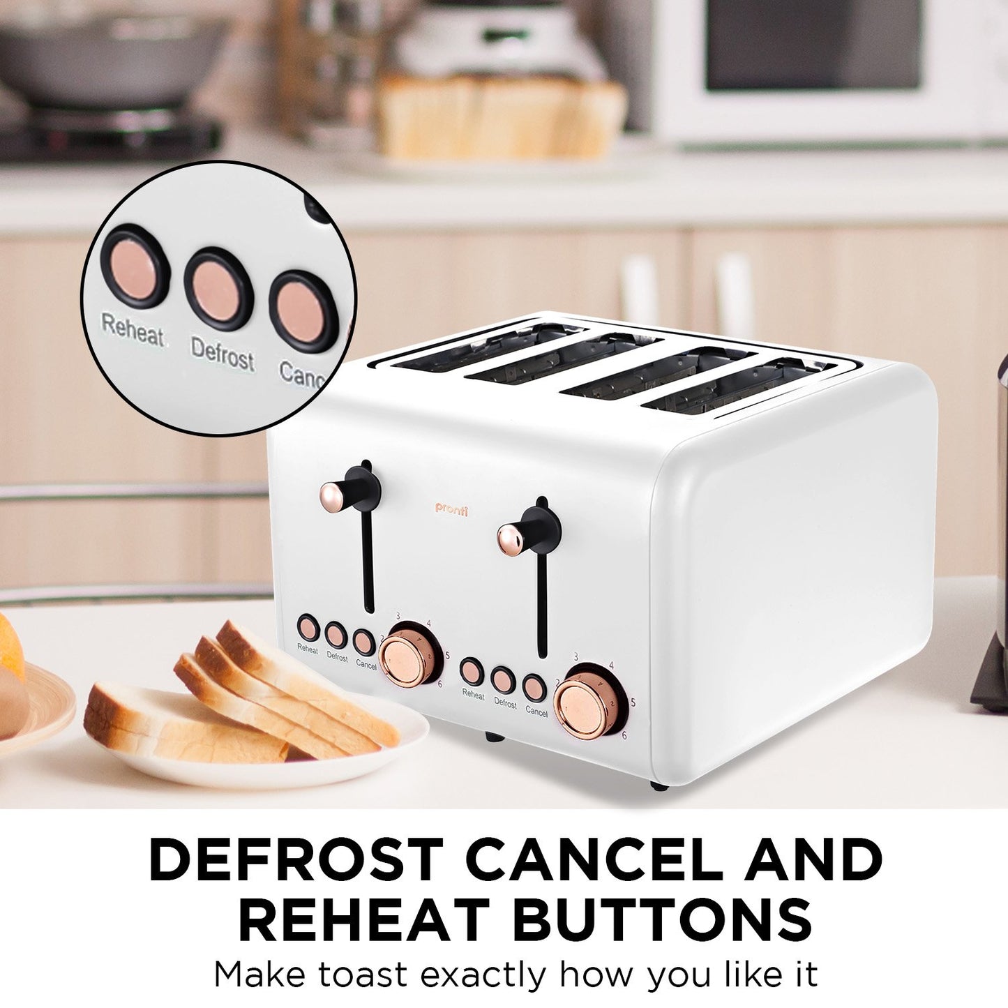 White toaster with control panel on a kitchen counter, featuring defrost, cancel, and reheat buttons.