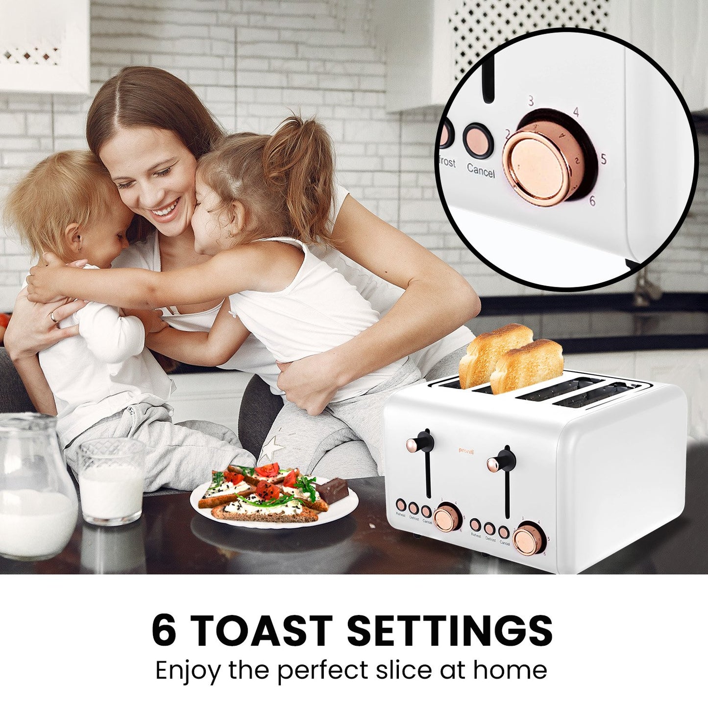 Woman and children in a kitchen with a toaster and toast, emphasizing 6 toast settings.