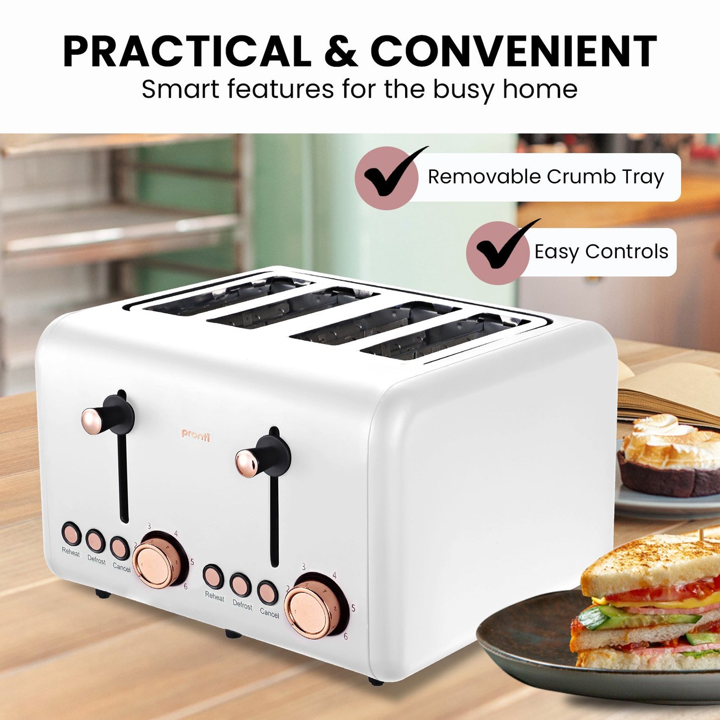 White toaster with rose gold accents on a kitchen counter, featuring a removable crumb tray and easy controls.