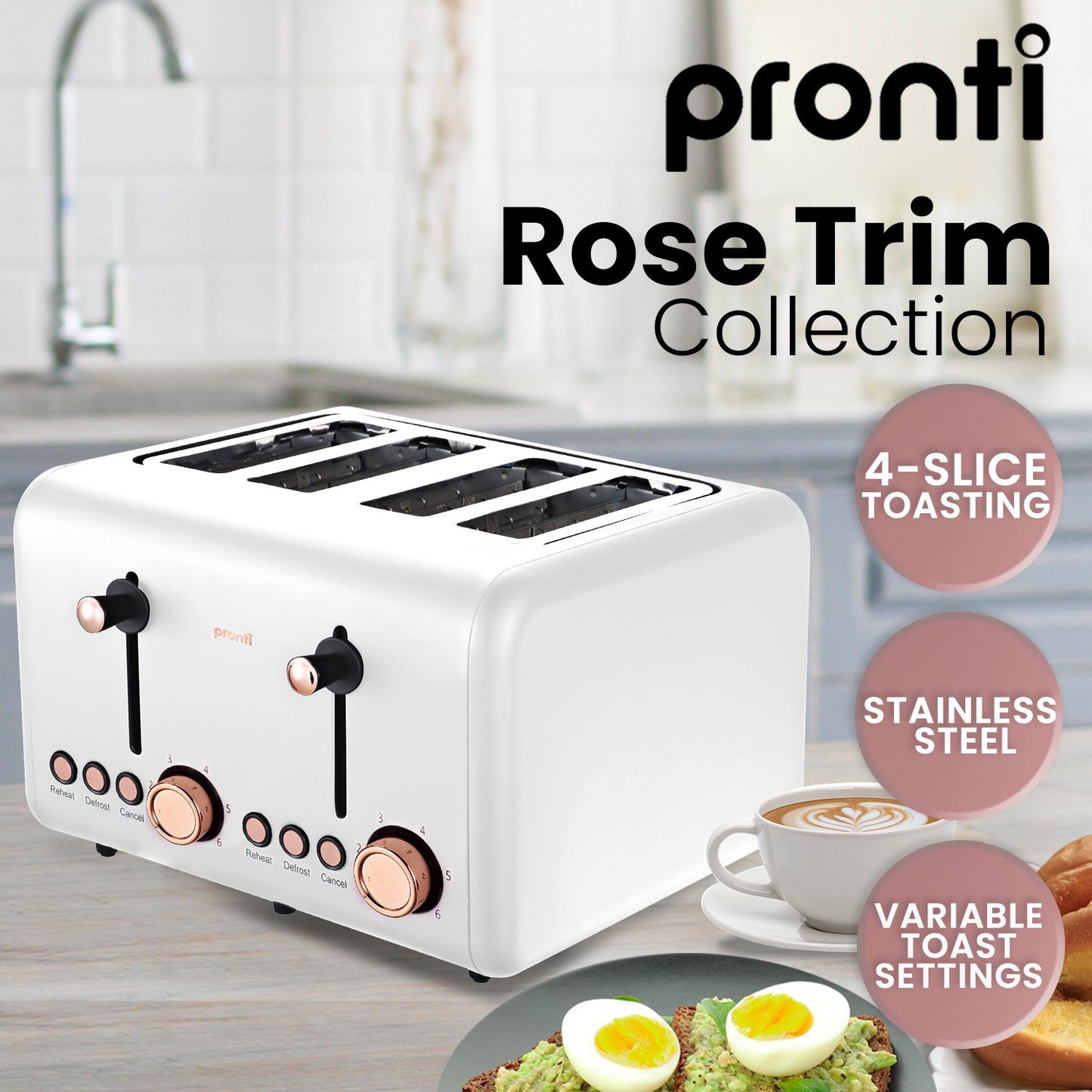 White toaster with rose gold accents on a kitchen counter, featuring the Pronti brand.