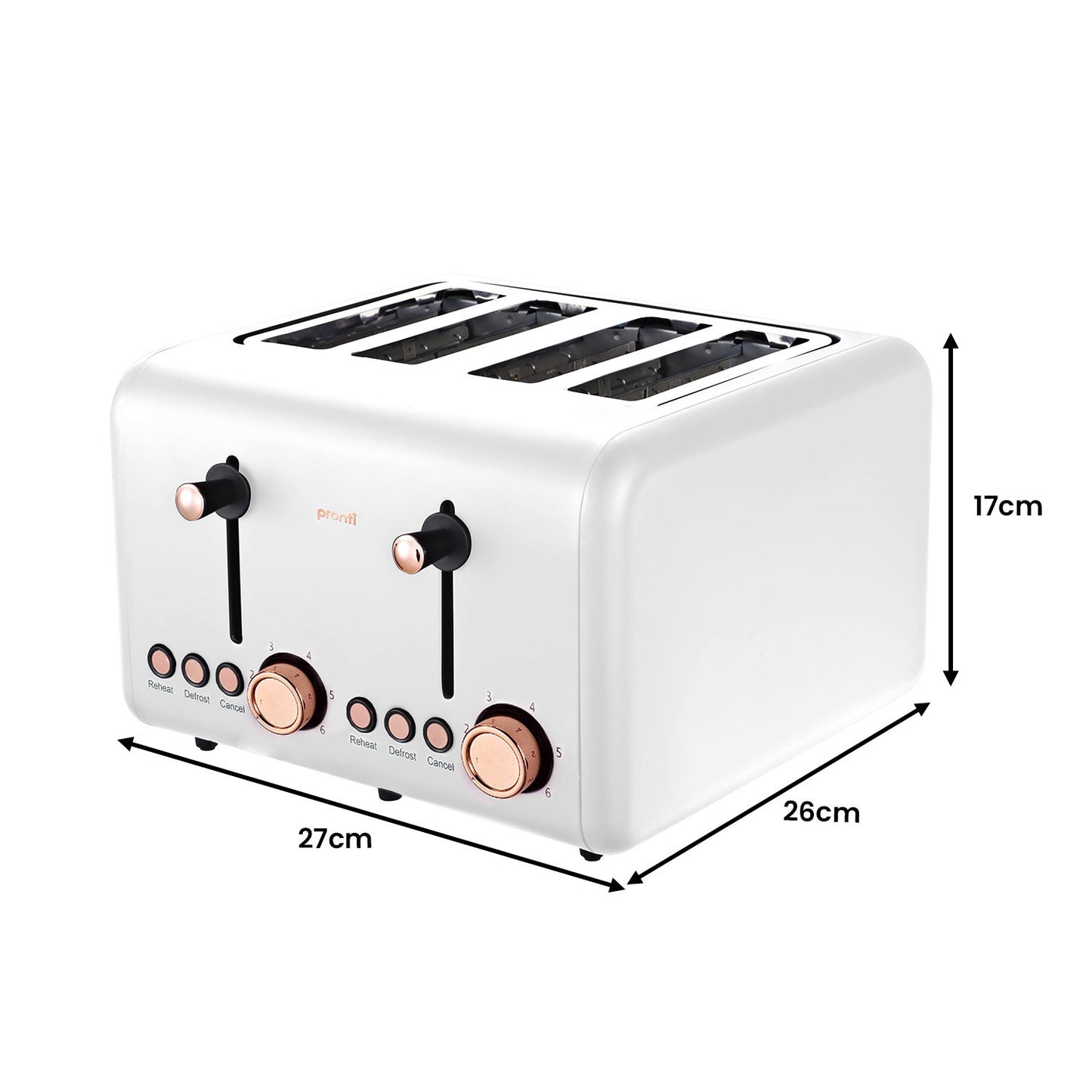 White toaster with rose gold accents and dimensions labeled on a white background