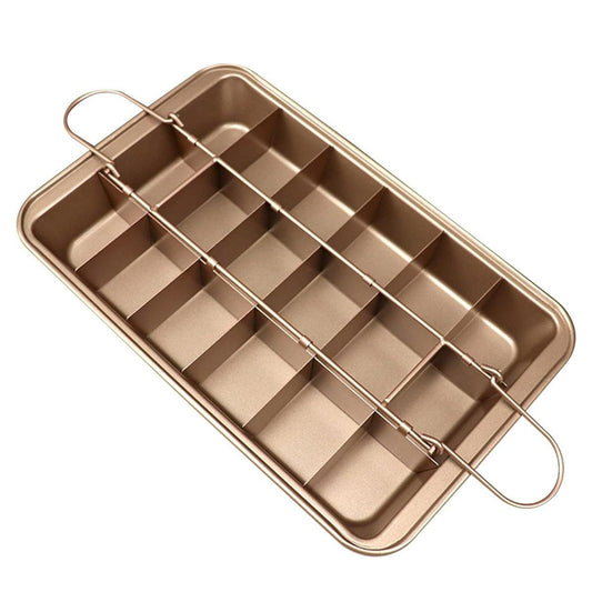 Bronze-colored grid baking pan with handles on a white background