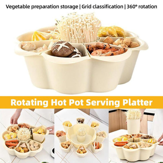 Rotating hot pot serving platter with various vegetables on a white background