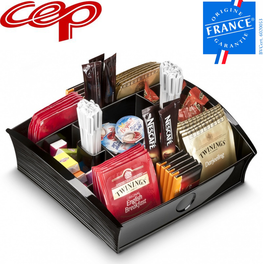 Black organizer with tea and coffee packets, featuring Cep and France brand logos.