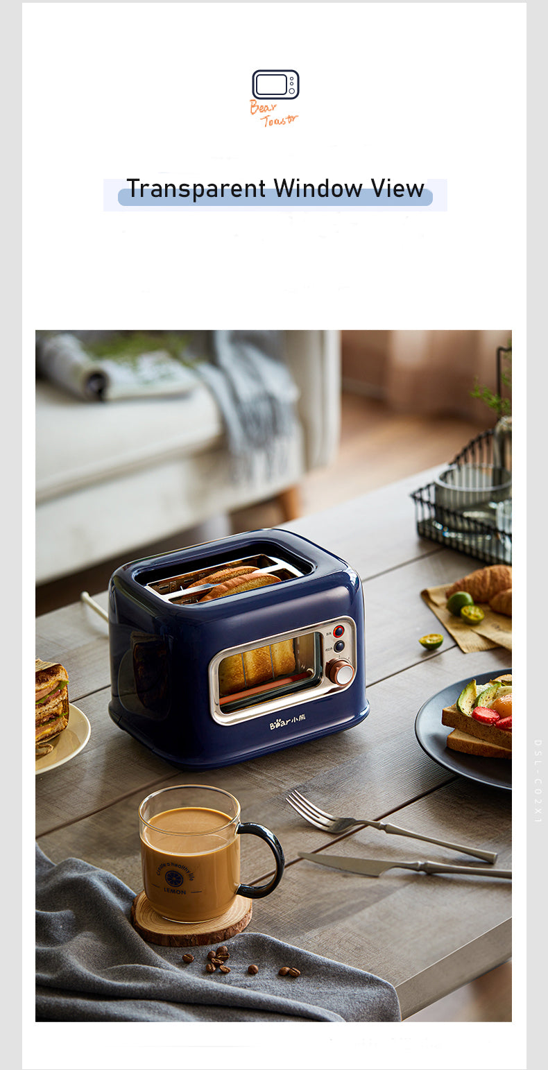 Blue toaster oven on a table with food and coffee, featuring 'Transparent Window View' text.