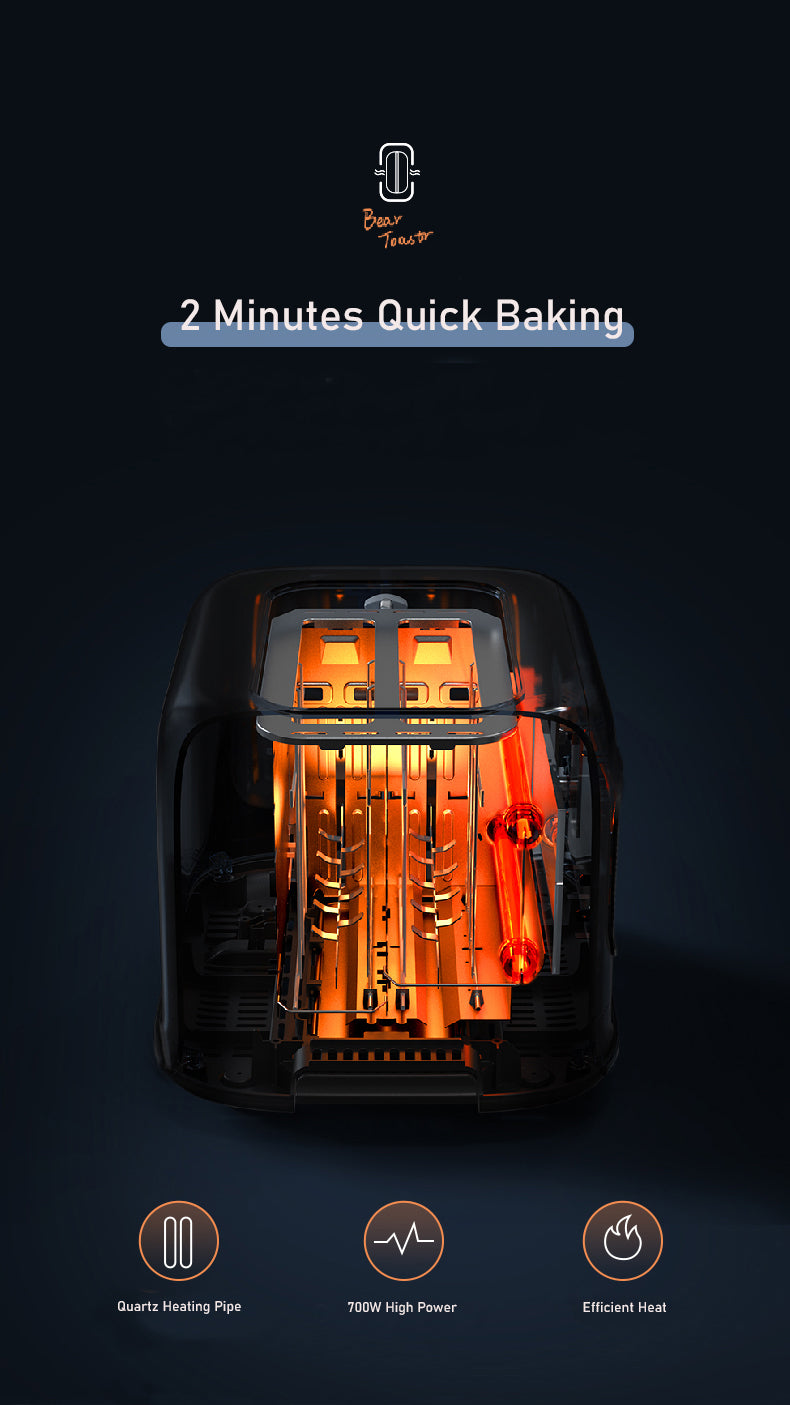 Baking oven with glowing interior on a dark background, featuring '2 Minutes Quick Baking' text.