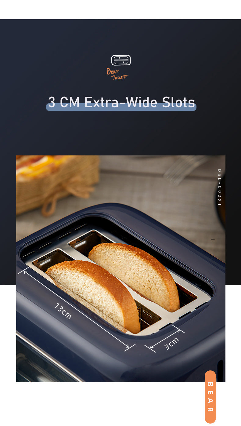 Bear brand toaster with bread slices showing 3 cm extra-wide slots on a dark background.