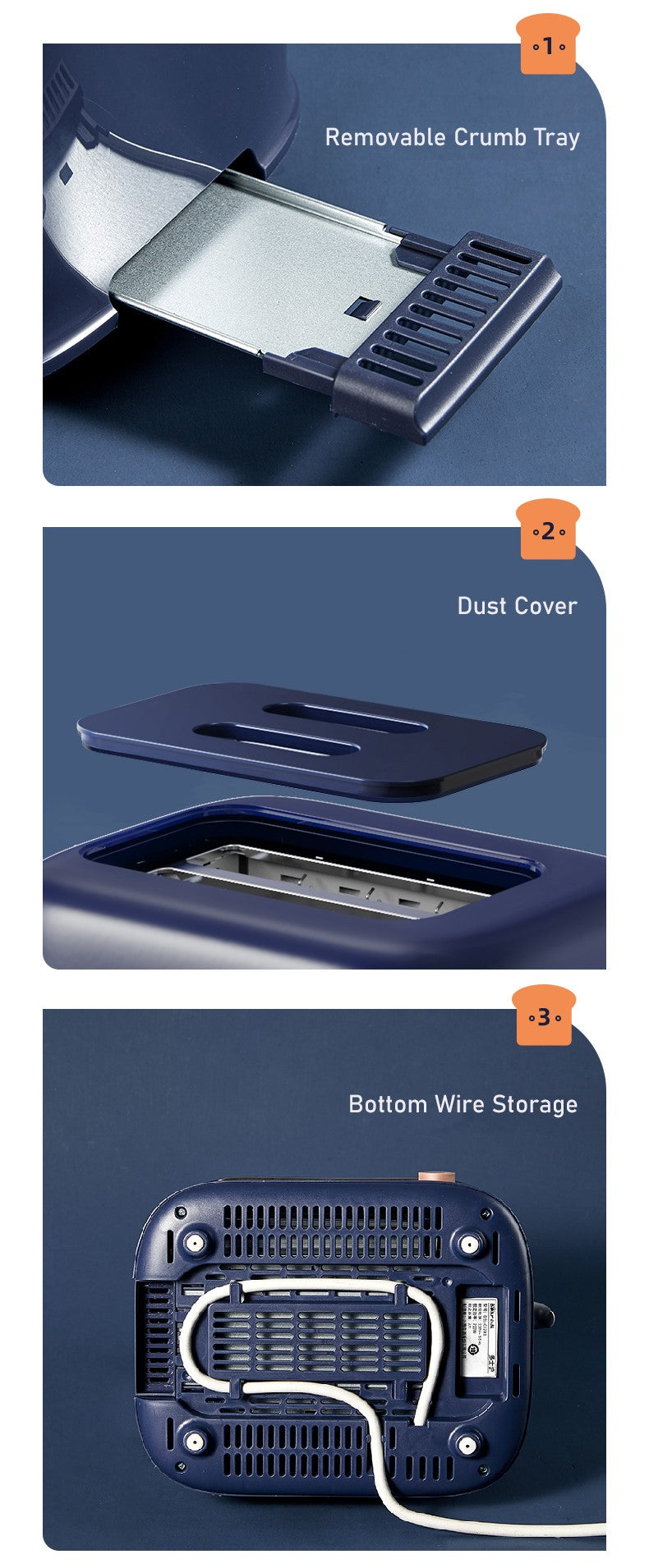 Product features including a removable crumb tray, dust cover, and bottom wire storage on a blue background.