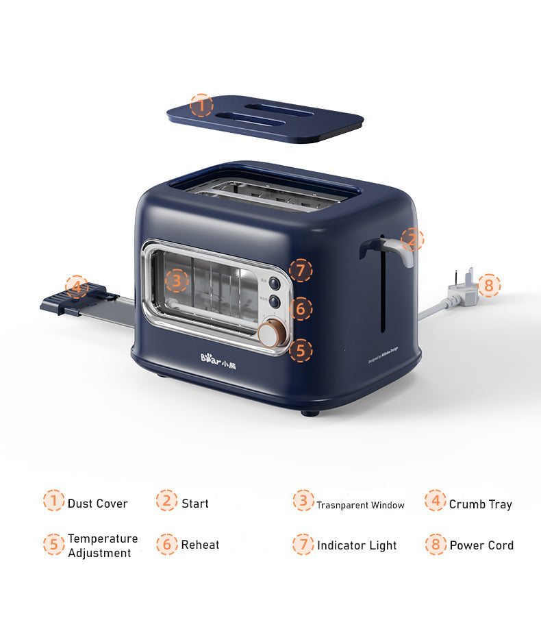 Blue toaster with labeled parts on a white background