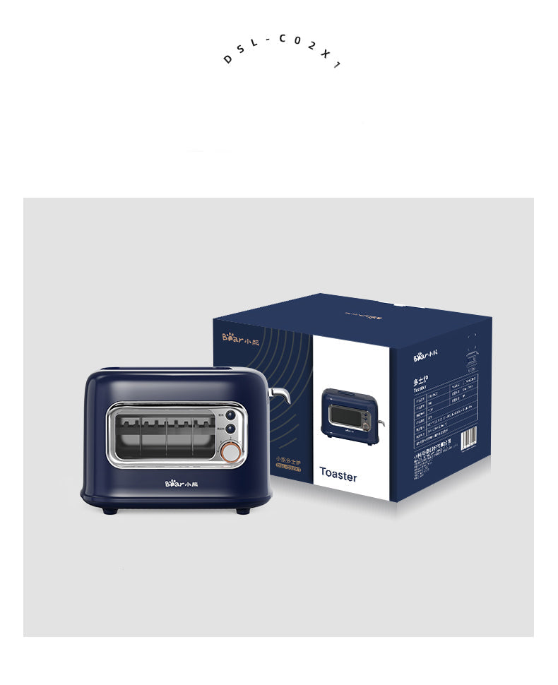 Navy blue toaster with packaging on a light gray background