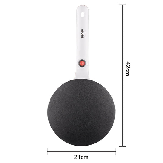 Black frying pan with white handle on a white background, showing dimensions.