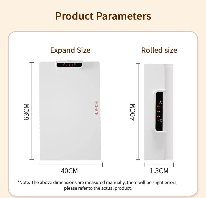 Product dimensions chart showing expand and rolled sizes with measurements.