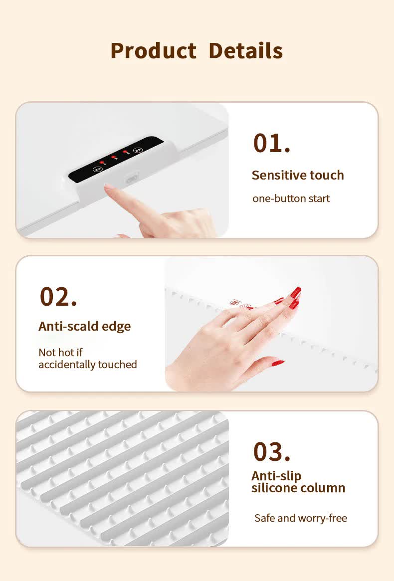 Product details of a handheld device with features like sensitive touch, anti-scald edge, and anti-slip silicone column on a beige background.