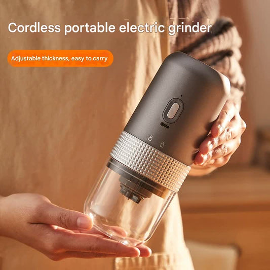 Cordless portable electric grinder held by a person with text highlighting features.