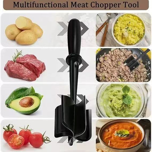 Multifunctional meat chopper tool with images of ingredients and dishes it can prepare.