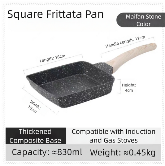 Square frittata pan with dimensions and features on a white background