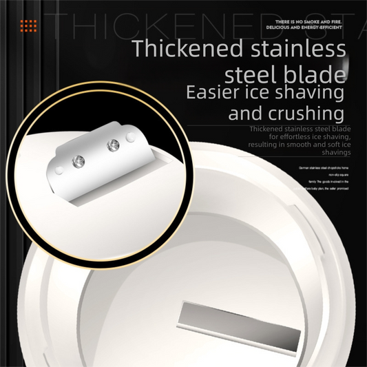 Ice shaver with thickened stainless steel blade feature on a black background