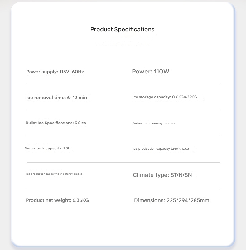 Product specifications table on a white background