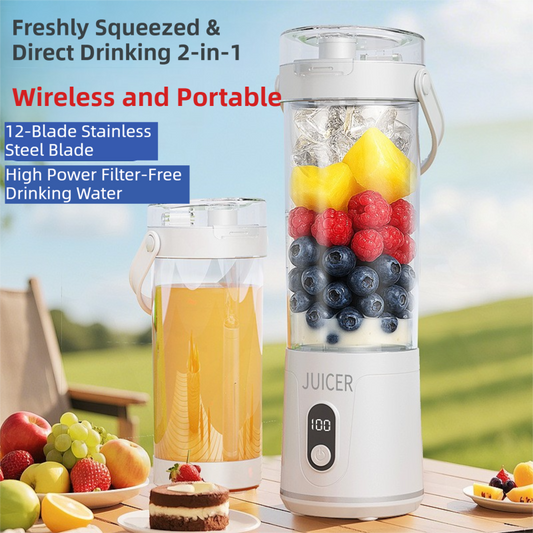 Portable juicer with fruits and a glass of juice on a table outdoors.