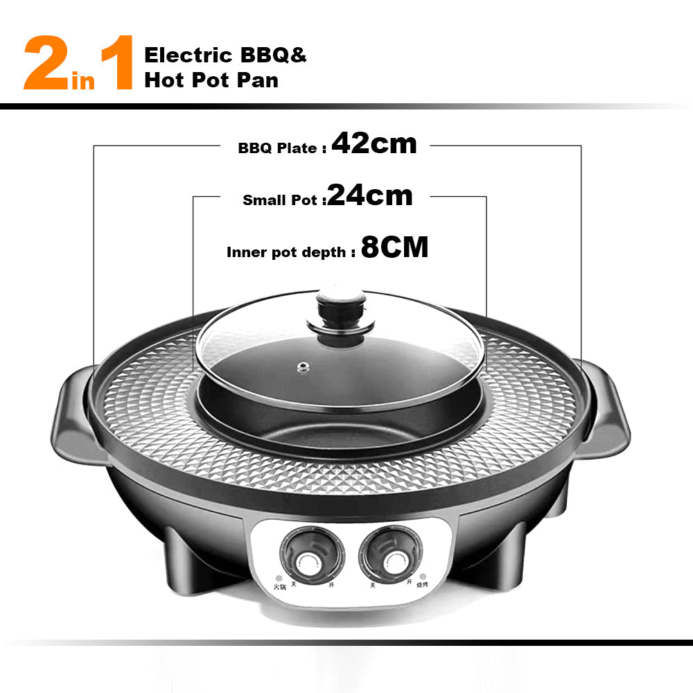 2-in-1 electric BBQ and hot pot pan with dimensions displayed