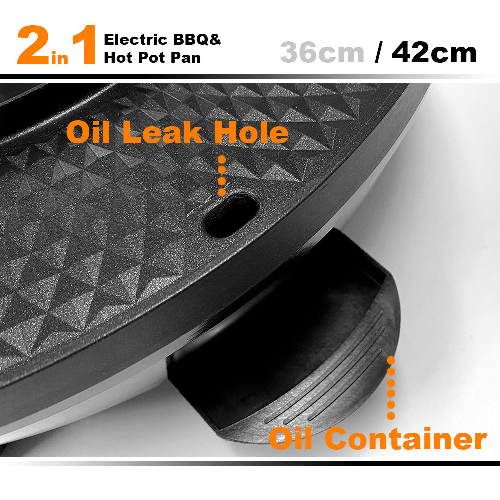 2-in-1 electric BBQ and hot pot pan with oil leak hole and container highlighted.
