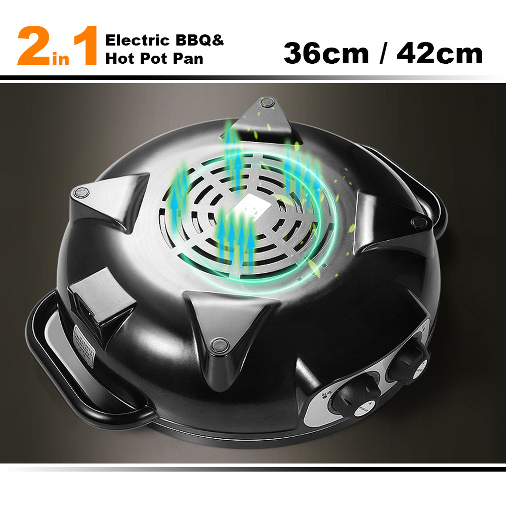 2-in-1 electric BBQ & hot pot pan with size specifications on a dark background
