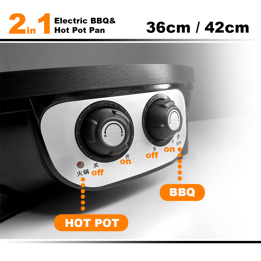 Electric BBQ & Hot Pot Pan with control knobs on a gray background