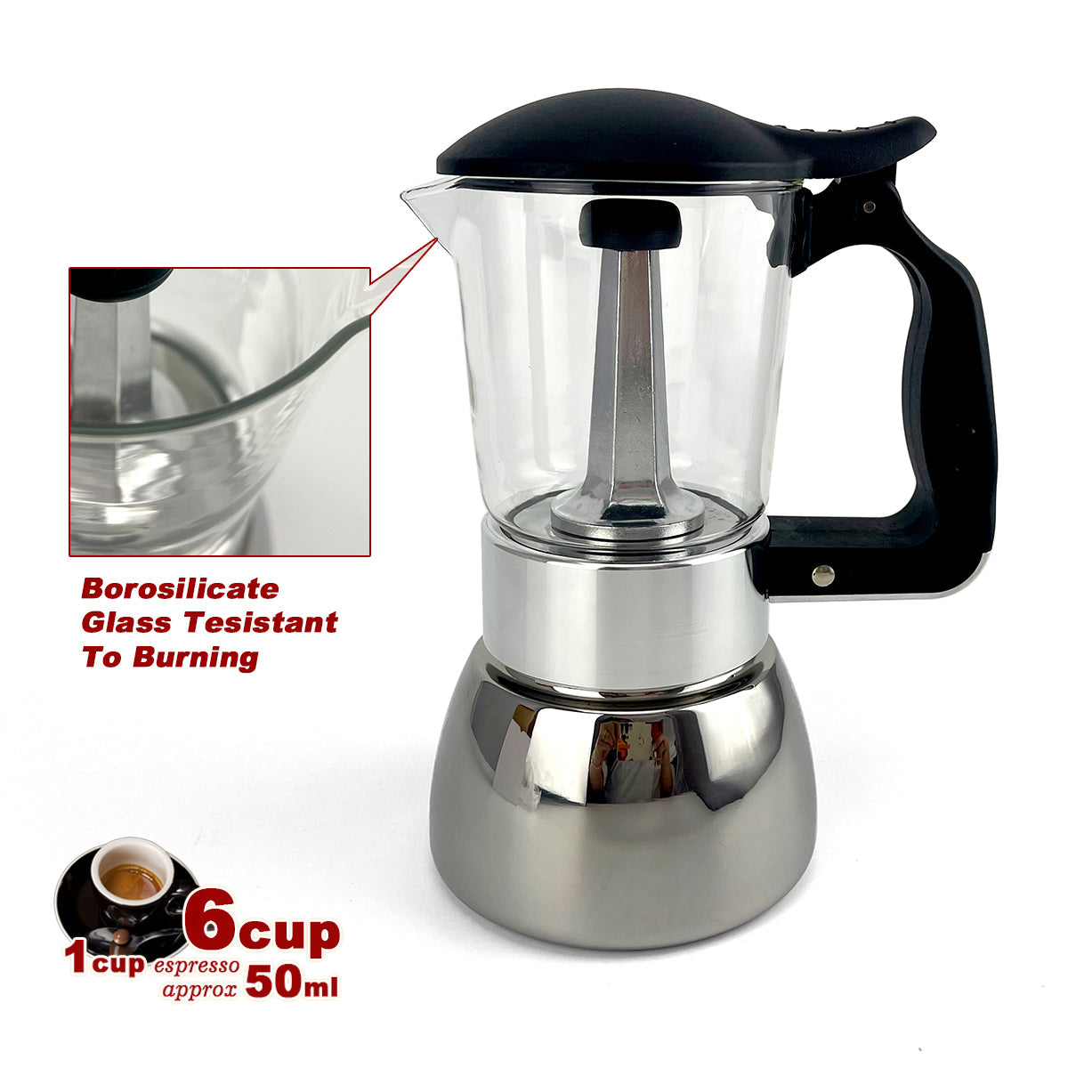 Stainless steel espresso maker with black handle on a white background