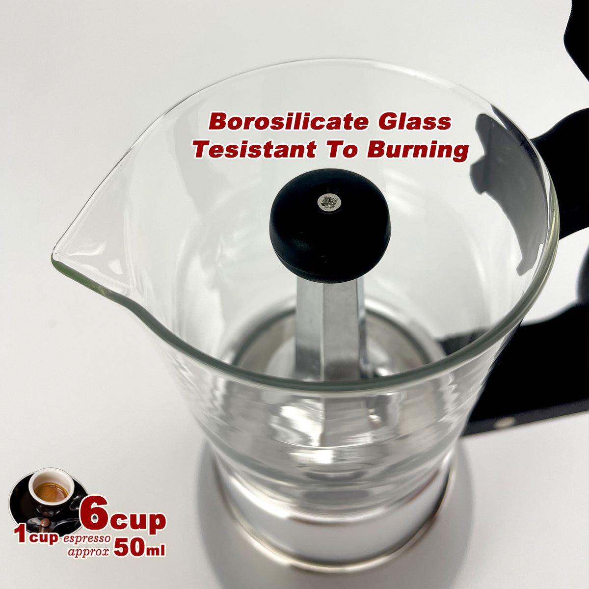 Glass coffee maker with text indicating borosilicate glass and resistance to burning on a white background.