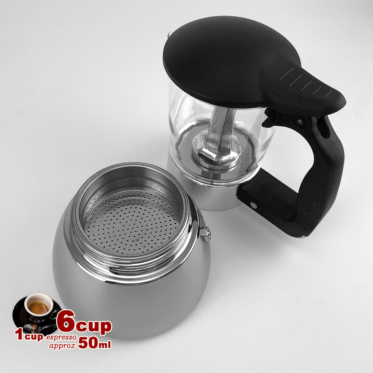 Stainless steel coffee maker with black handle on a white background