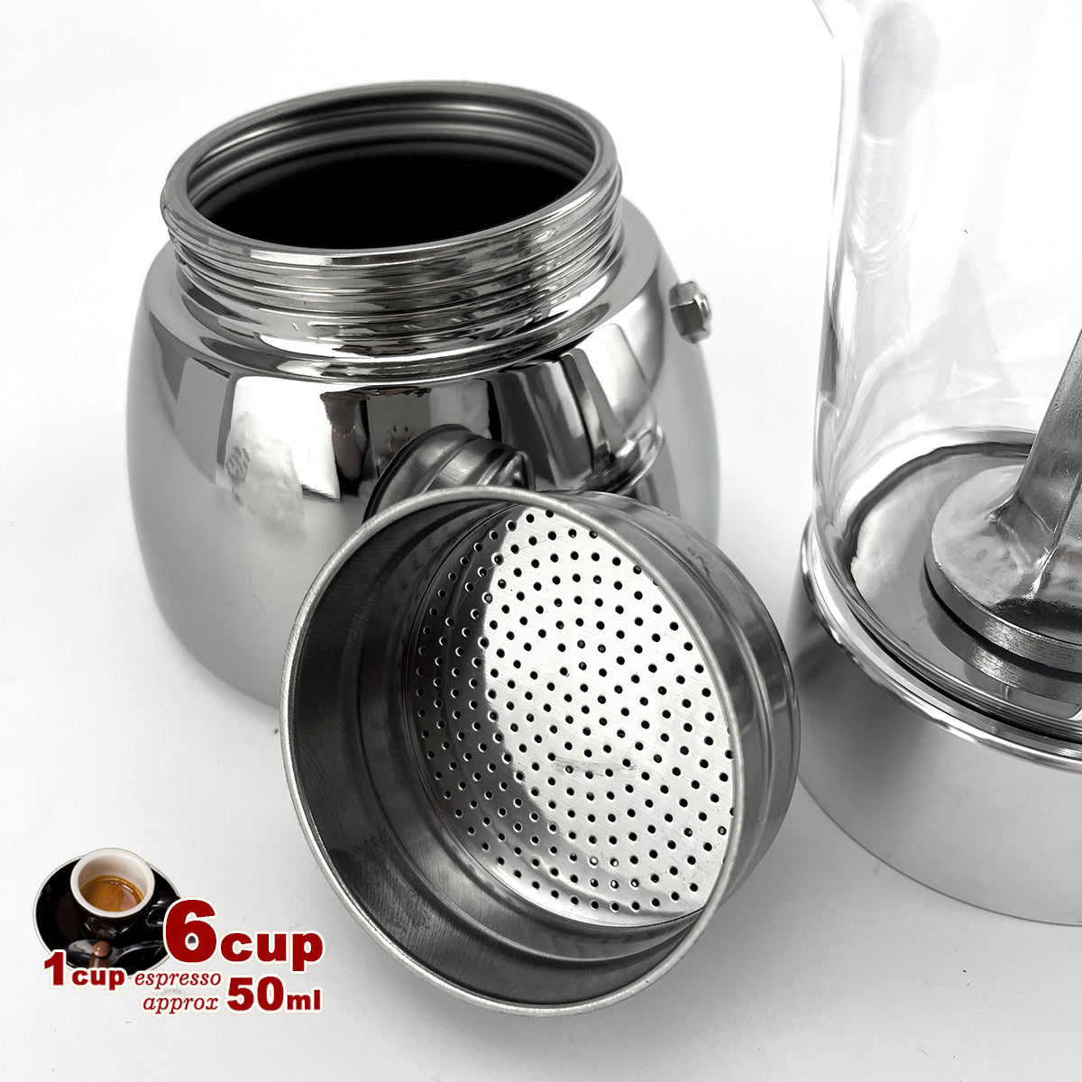Chrome coffee grinder with a textured interior on a white background