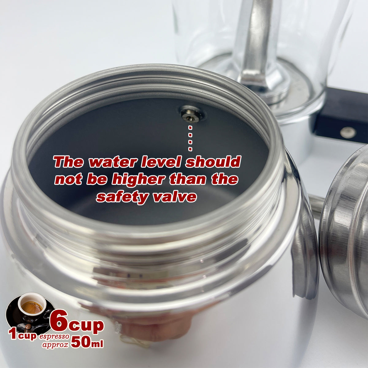 Close-up of a coffee maker with water level indicator and safety valve, showing text about water level.
