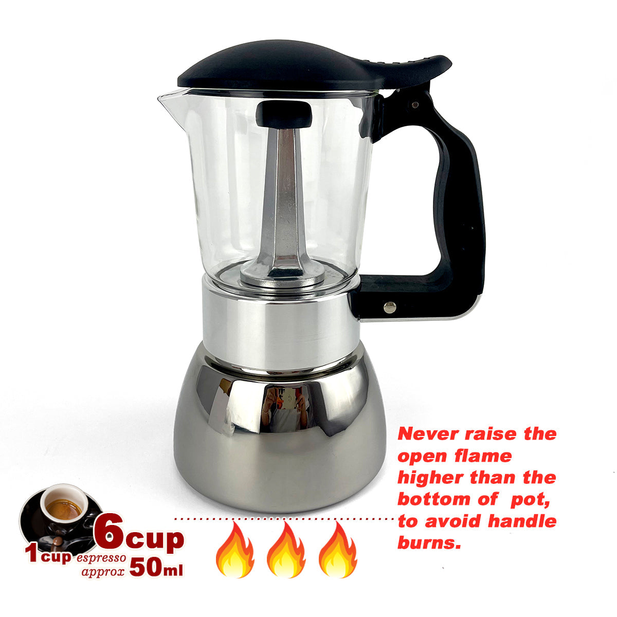 Stainless steel espresso pot with black handle on a white background