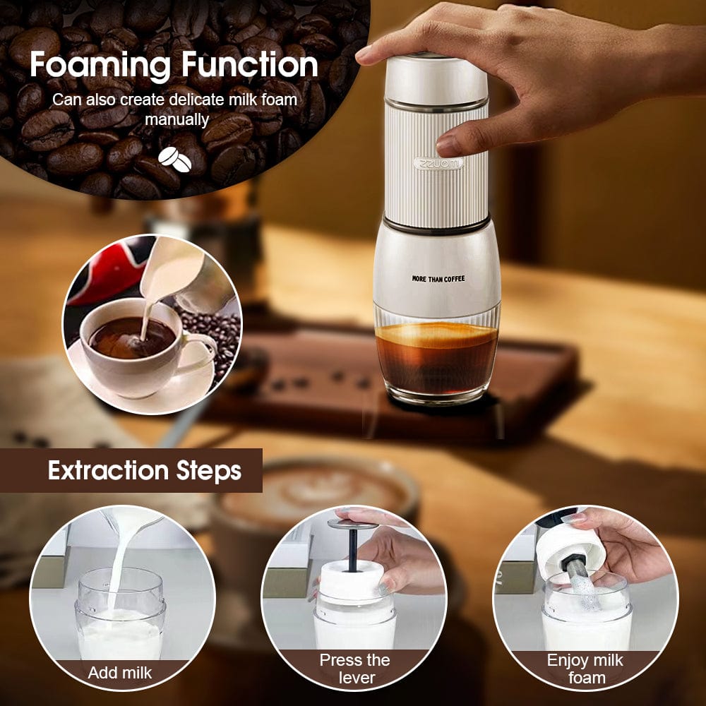 Coffee maker with foaming function, showing extraction steps and a close-up of coffee beans.