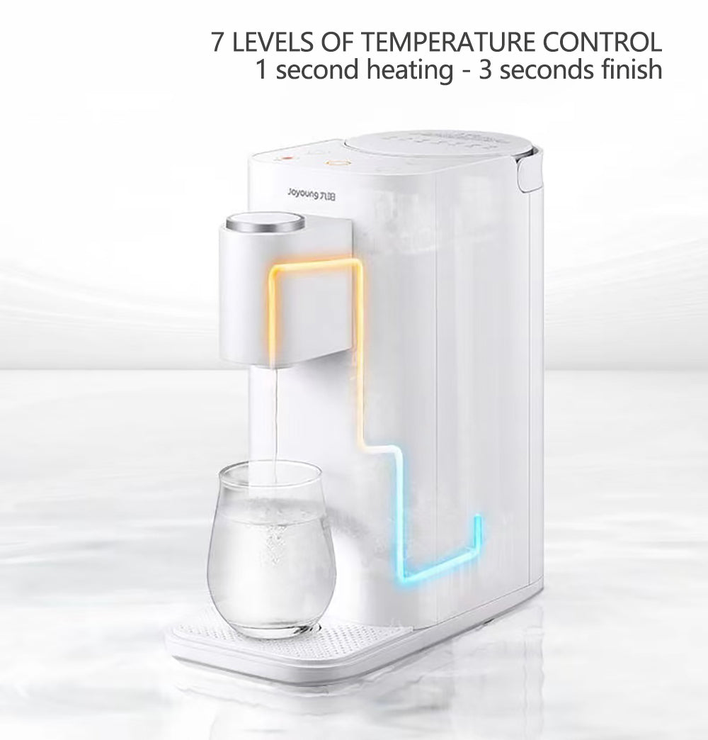 White water dispenser with glass of water on a white background, displaying text about temperature control.