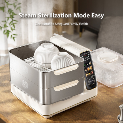 Steam sterilization device with digital display on a wooden surface, featuring text about steam sterilization mode.