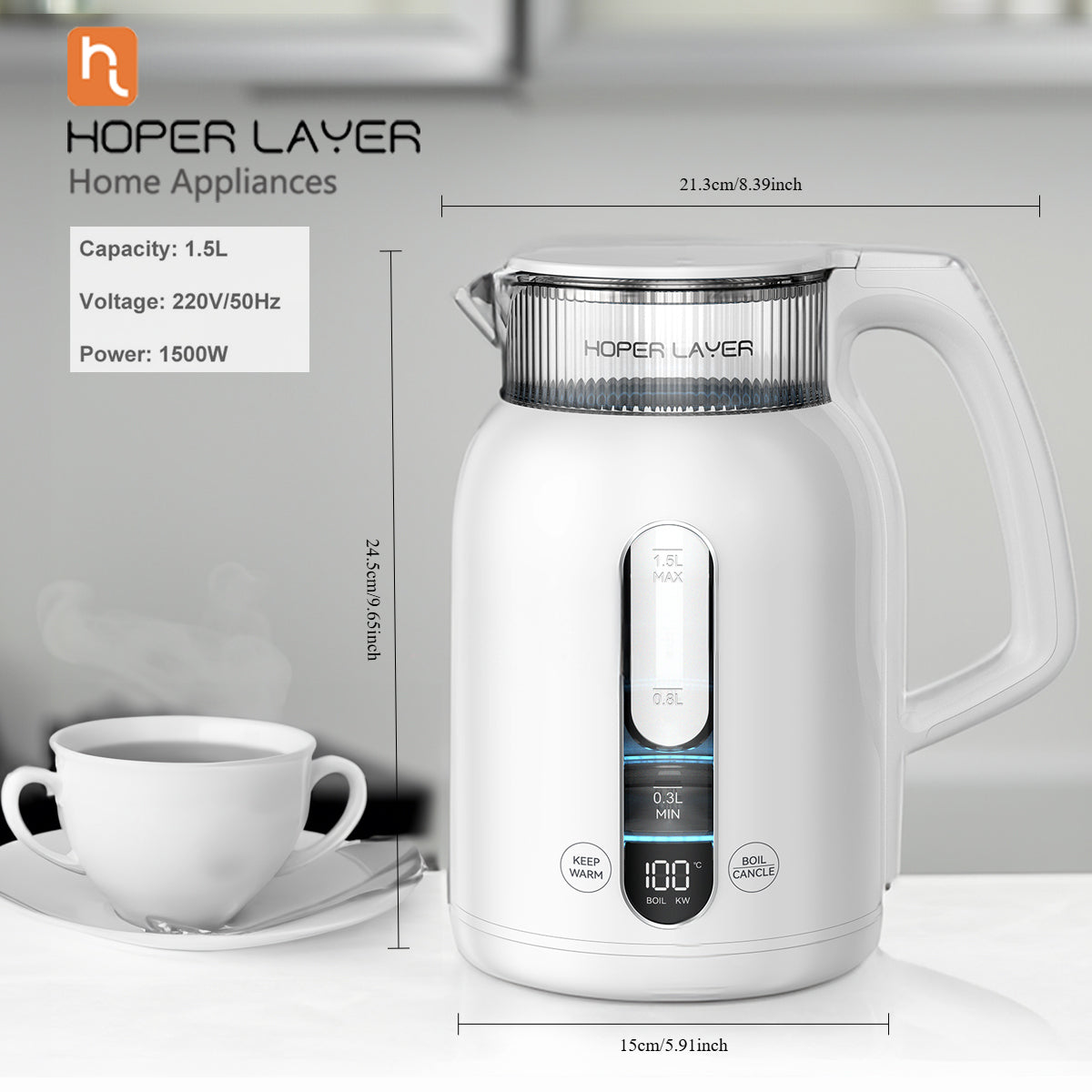 White electric kettle with digital display on a gray background, featuring HOPER LAYER branding.