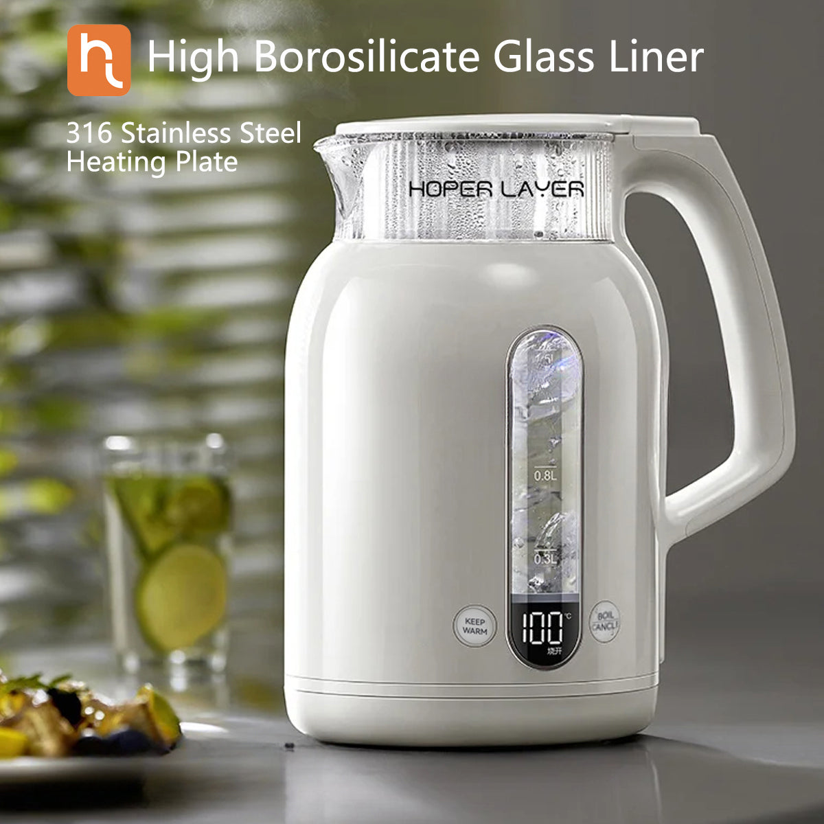 White electric kettle with digital display on a kitchen counter, featuring high borosilicate glass liner and 316 stainless steel heating plate.
