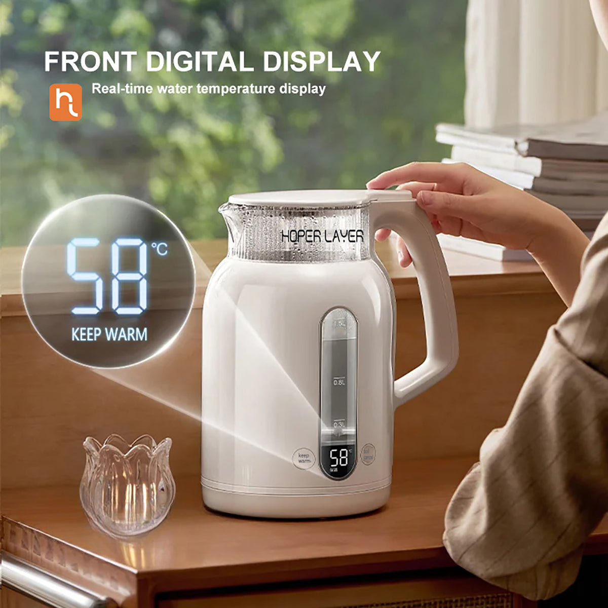 White electric kettle with digital display on a wooden surface, showing temperature 58°C.