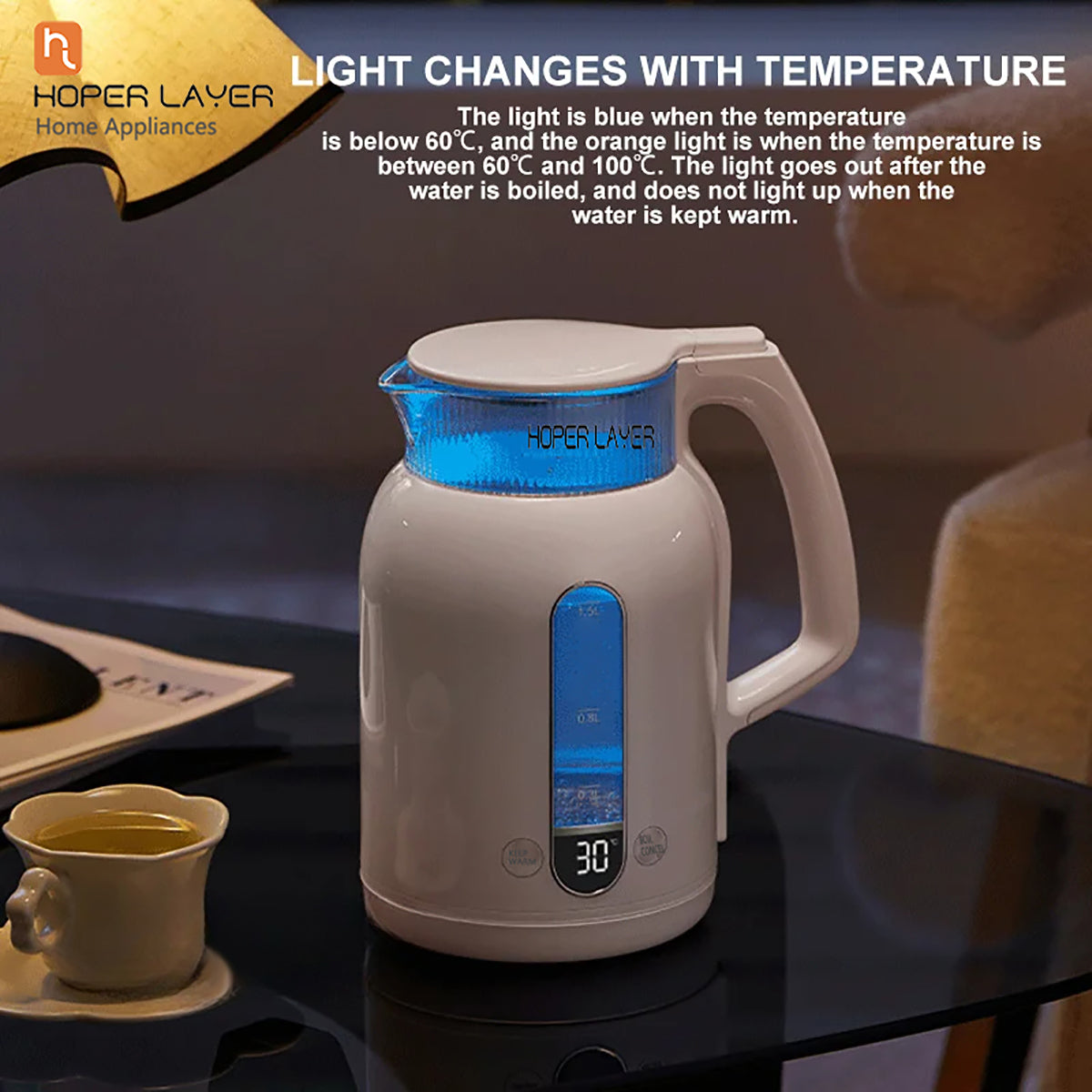 White electric kettle with digital display on a dark surface, featuring Hoper Layer branding.