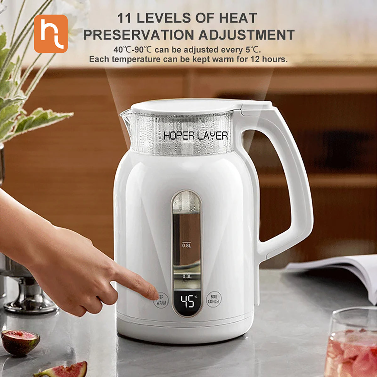 White electric kettle with digital display on a kitchen counter, featuring HOPER LAYER branding.