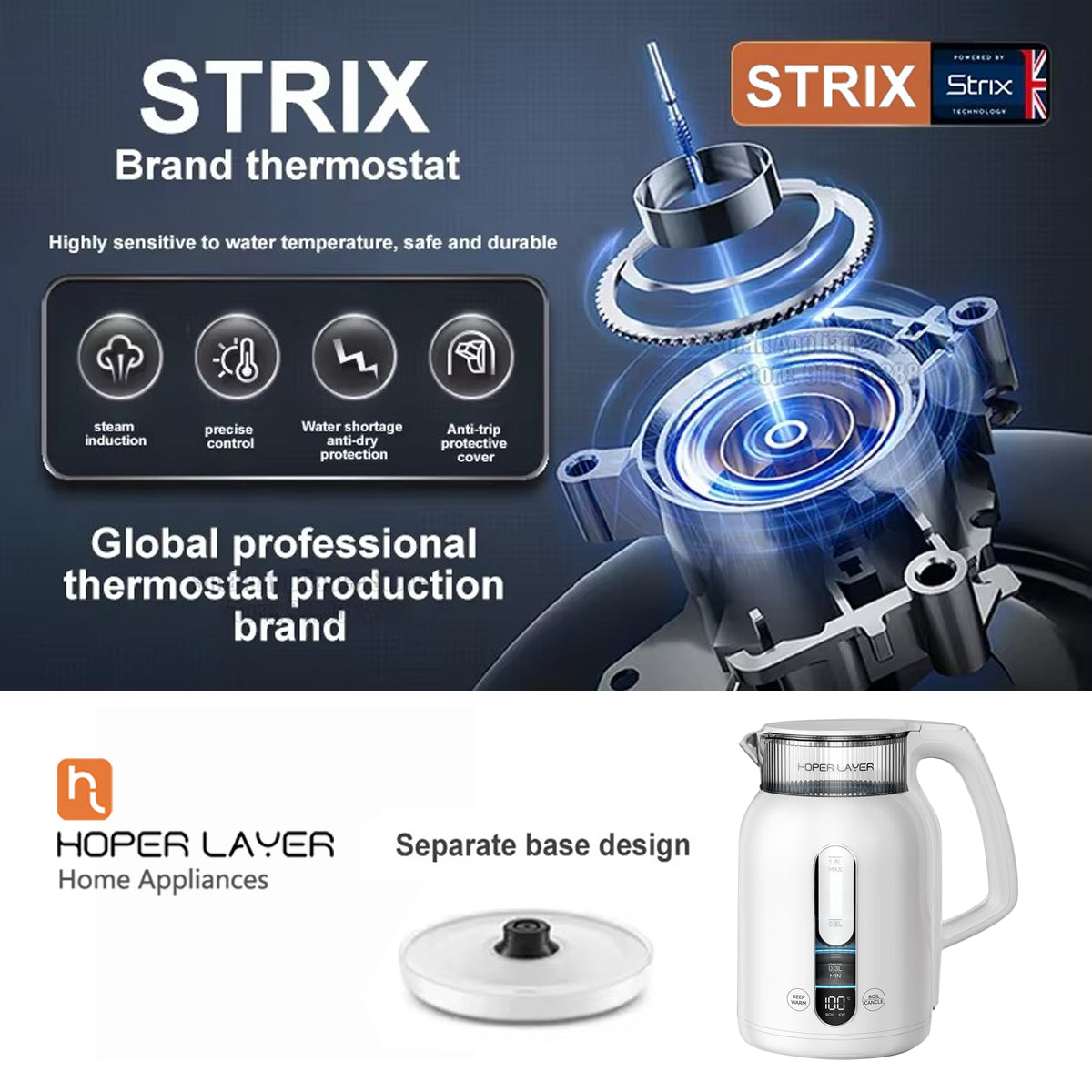STRIX brand thermostat with Hoper Layer home appliances on a dark background