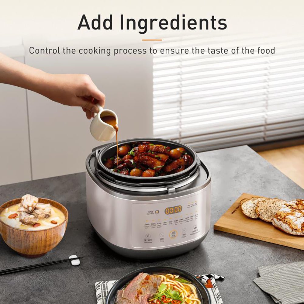 Person adding ingredients to a pressure cooker with text on cooking process.