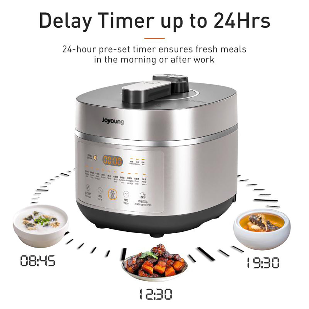Joyoung pressure cooker with delay timer feature on a white background