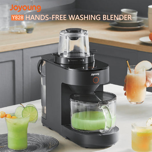 Joyoung Y828 hands-free washing blender on a kitchen counter with drinks around it.