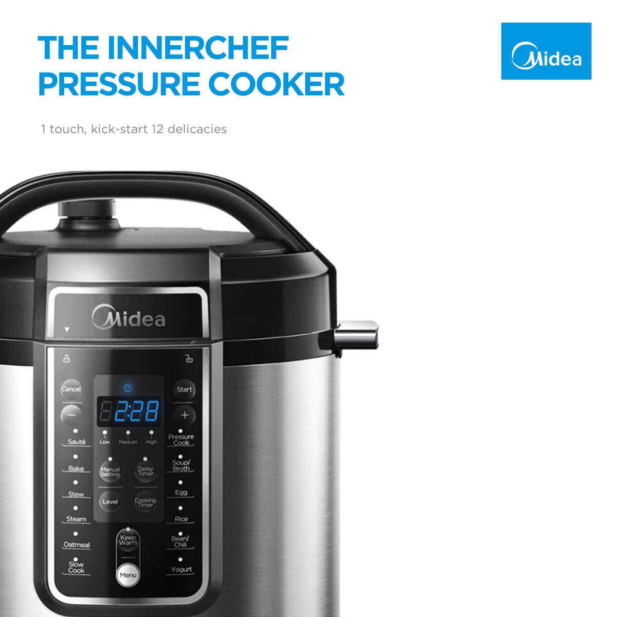 Midea pressure cooker with digital display on a white background