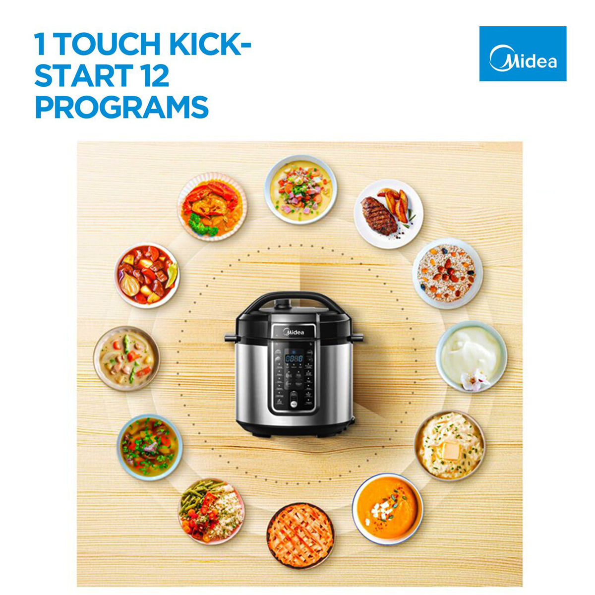 Midea pressure cooker with various dishes around it on a wooden surface